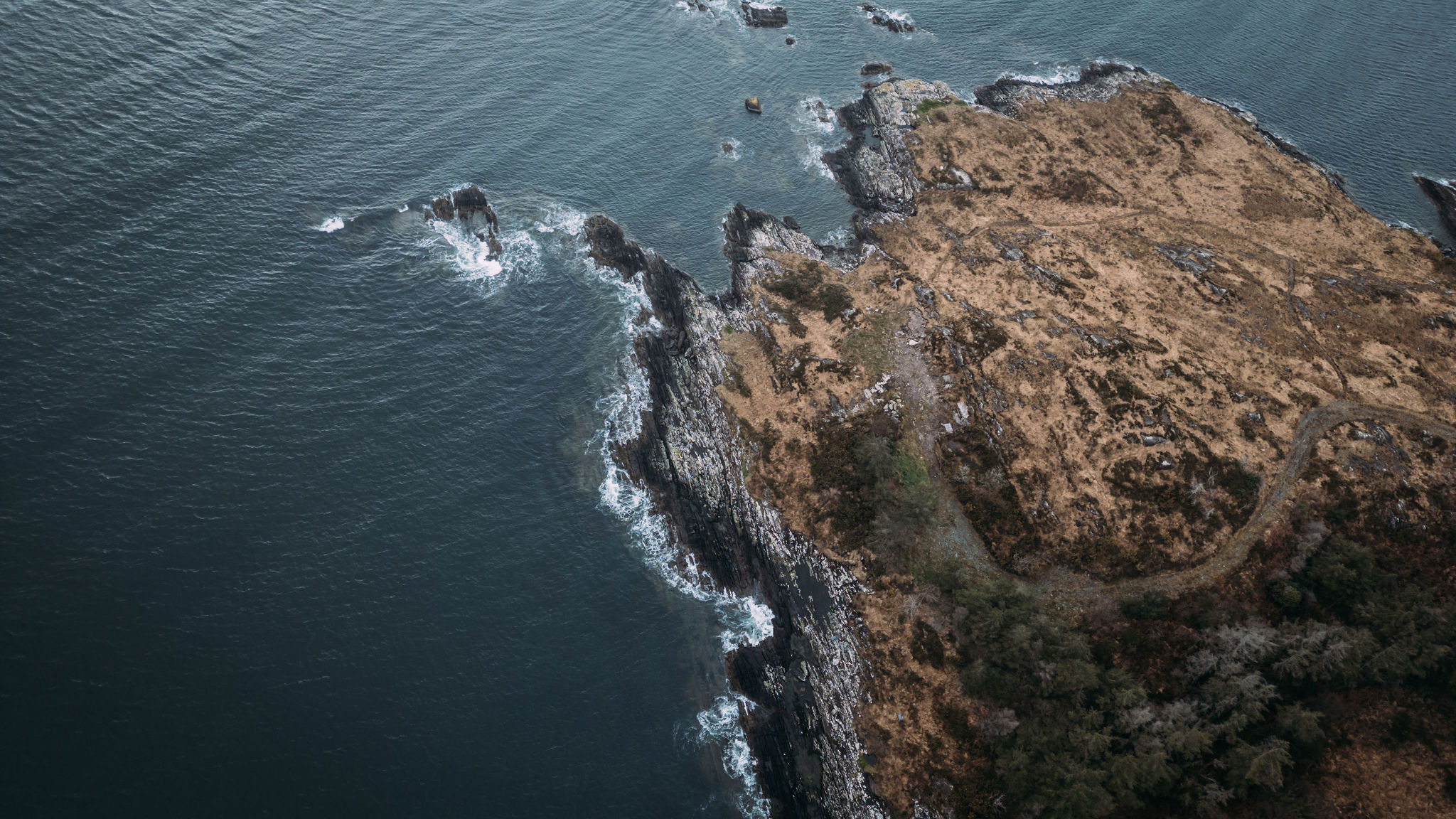 Luchtfoto van een ruige kustlijn die typerend is voor een onvergetelijke rondreis Ierland, met rotsachtige kliffen die de oceaan raken. Het land is bedekt met bruin gras en schaars groen, wat een contrast vormt met het diepblauwe water. Witte golven beuken tegen de rotsen en vormen een dynamische rand waar land en zee samenkomen. | Echt Ierland Vakanties