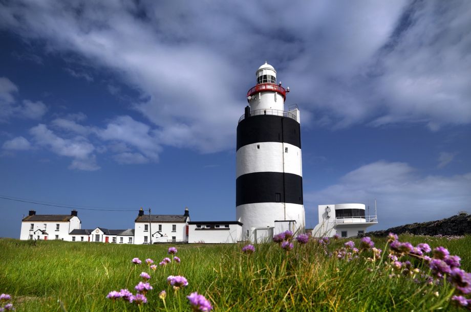 Een zwart-wit gestreepte vuurtoren staat onder een blauwe lucht met verspreide wolken, wat doet denken aan de schilderachtige uitzichten op een rondreis Ierland. Eromheen staan kleinere witte gebouwen met donkere daken. Op de voorgrond contrasteert groen gras bezaaid met roze bloemen met de structuren. | Echt Ierland Vakanties