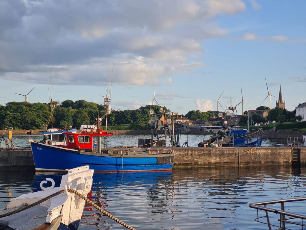 Een schilderachtig uitzicht op de haven met kleurrijke vissersboten aangemeerd bij een pier vormt het decor voor een perfecte vakantie in Ierland. Windturbines omlijnen de verre, met bomen bedekte heuvels onder een gedeeltelijk bewolkte lucht. Weerspiegelingen van boten en wolken schitteren op het kalme water, met een hoge torenspits zichtbaar op de achtergrond. | Echt Ierland Vakanties