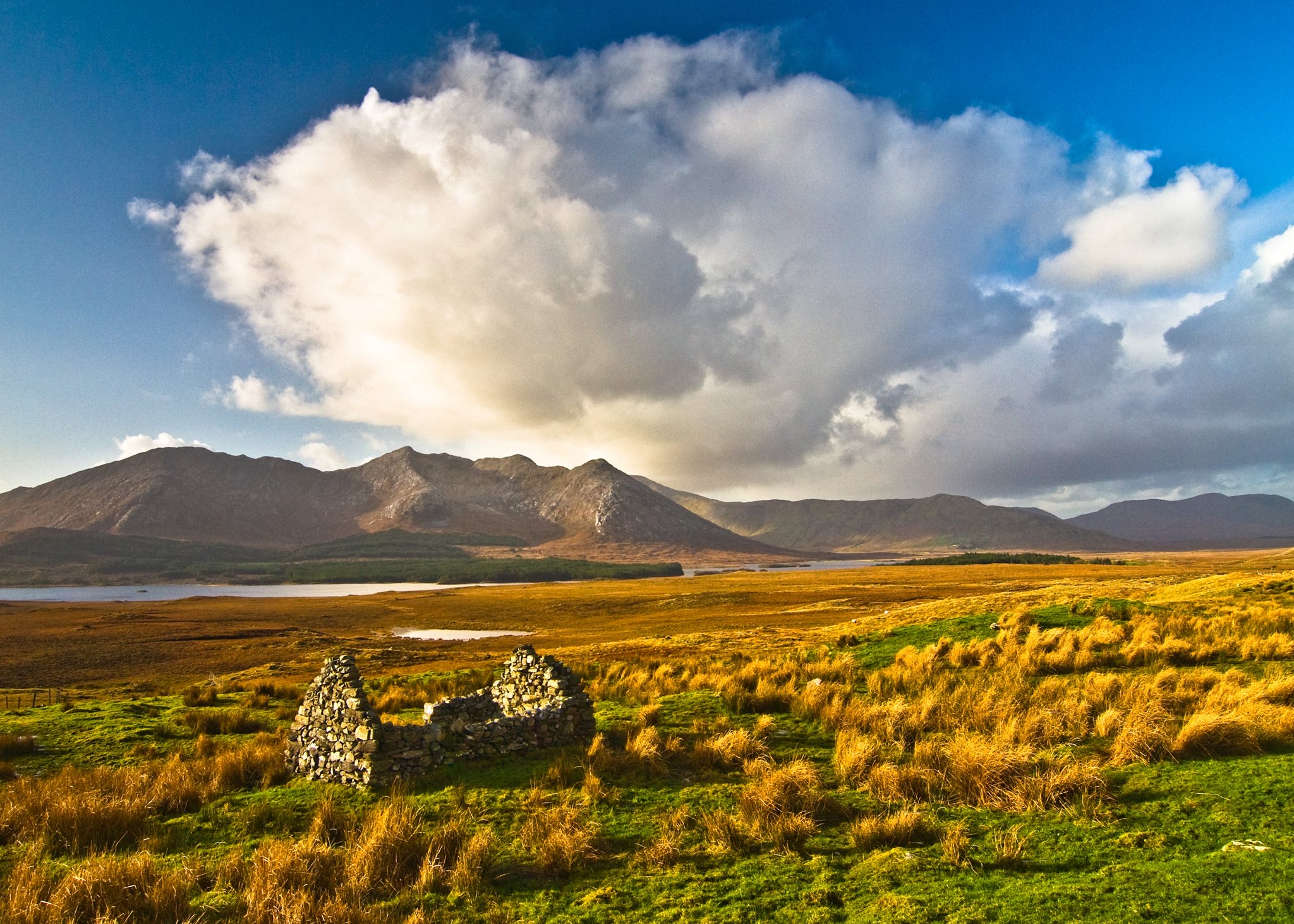 Een stenen ruïne staat in een levendig groen en gouden veld onder een helderblauwe lucht met grote, donzige wolken. Glooiende bergen en een kalm meer versterken het serene landschap, waardoor het een ideale plek is voor liefhebbers van rondreis Ierland die op zoek zijn naar onvergetelijke schoonheid tijdens hun vakantie in Ierland. | Echt Ierland Vakanties