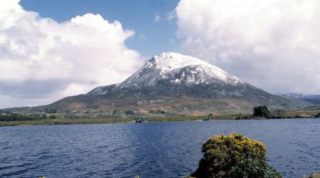 Een berg met een met sneeuw bedekte top onder een gedeeltelijk bewolkte lucht rijst majestueus op, wat doet denken aan de landschappen die je ziet op vakanties in Ierland. Op de voorgrond is een kalm meer omzoomd door struiken met gele bloemen, omlijst door ruig terrein voor een serene en natuurlijke setting. | Echt Ierland Vakanties
