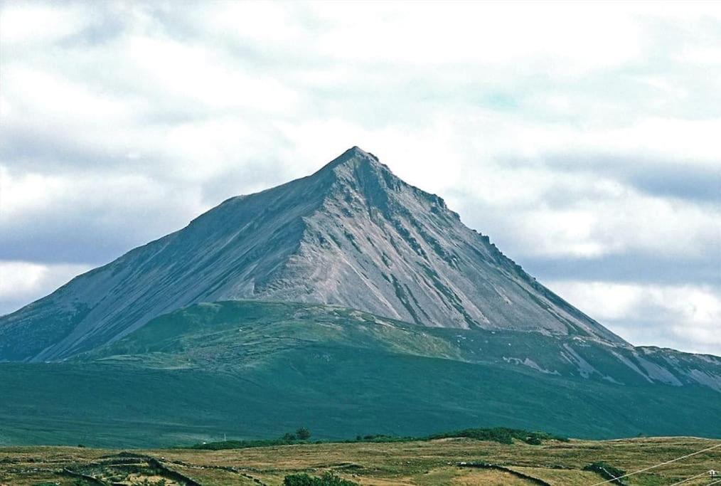 Een ruige bergtop met steile, rotsachtige hellingen verheft zich tegen een bewolkte lucht, wat doet denken aan de schilderachtige schoonheid die je tegenkomt tijdens een rondreis Ierland. De lagere gebieden zijn weelderig met groene vegetatie, wat leidt naar de scherpe top. Op de voorgrond maken stukken gras en struiken dit Ierse uitzicht compleet. | Echt Ierland Vakanties