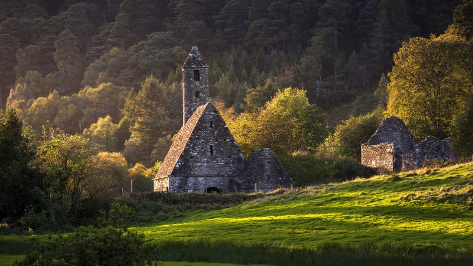 Een rustieke stenen kerk met een hoge, puntige klokkentoren staat in een weelderig groen veld, en belichaamt de charme van een vakantie in Ierland. Het zonlicht filtert door de dichte bomen en werpt een warme gloed op het gebouw en het landschap. Het tafereel is sereen en pittoresk, en toont Ierlands rijke tapijt van groen en bruin. | Echt Ierland Vakanties