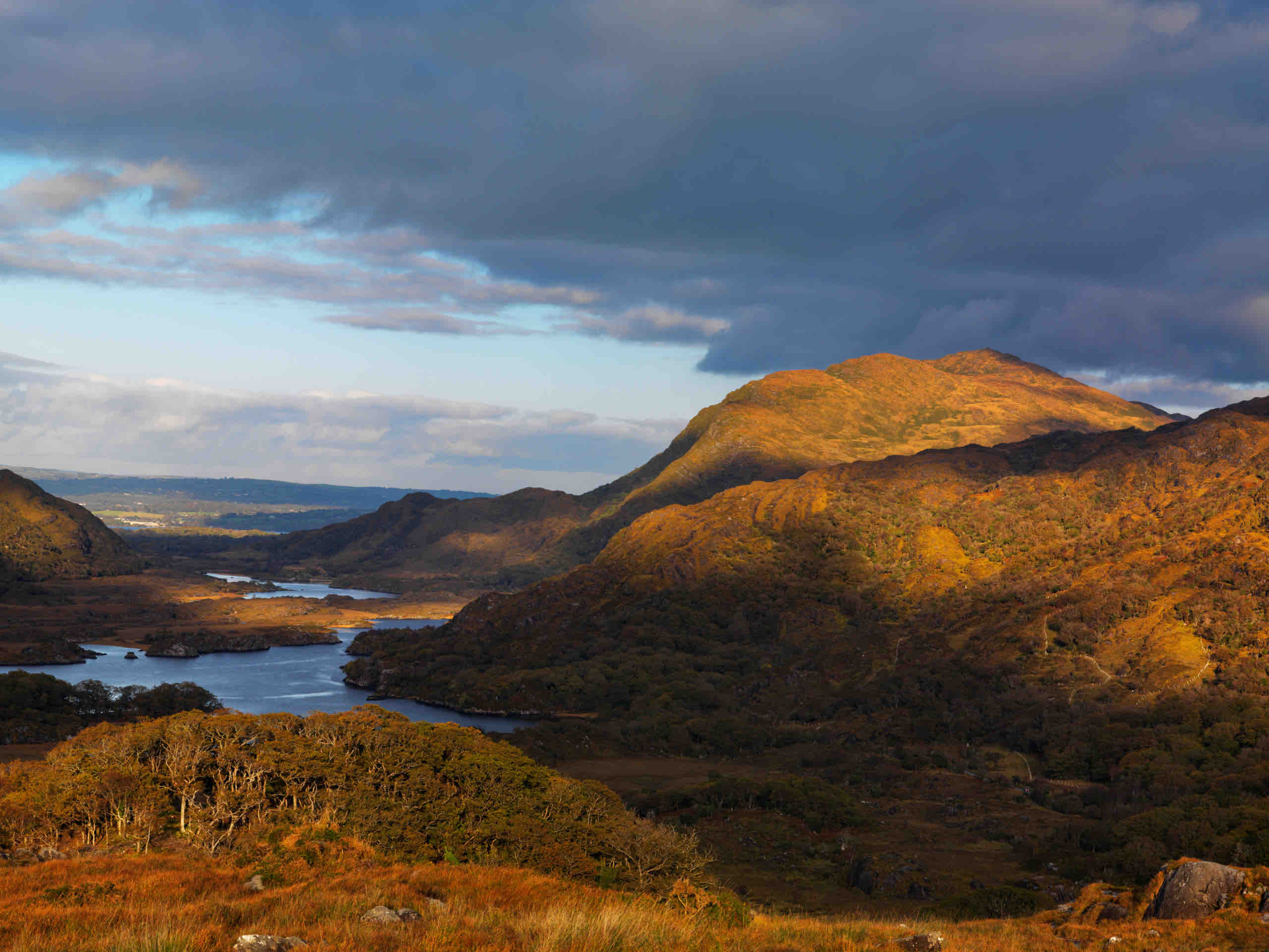 Het adembenemende, schilderachtige uitzicht op een bergachtig landschap in de herfst tijdens een vakantie in Ierland laat zonlicht de toppen verlichten en schaduwen op de hellingen werpen. Een kronkelende rivier beneden versterkt de gouden tinten van het gebladerte terwijl stukken blauwe lucht door de wolken heen piepen, perfect voor een rondreis Ierland. | Echt Ierland Vakanties