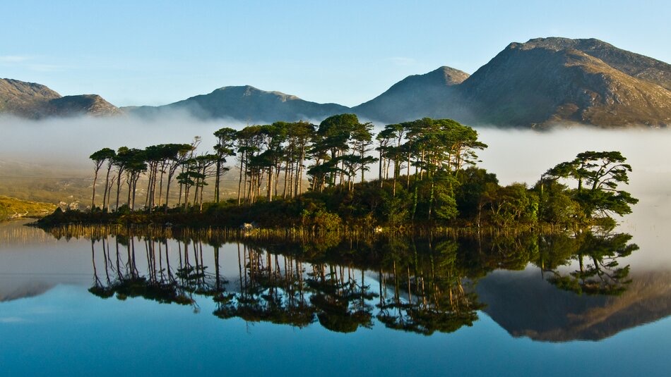 Een rustig meer in Ierland weerspiegelt een klein eiland met hoge, slanke bomen. Rondom het eiland is een laag mist en daarachter liggen ruige bergen onder een helderblauwe lucht, wat een sereen en pittoresk landschap creëert - perfect voor een onvergetelijke rondreis Ierland. | Echt Ierland Vakanties