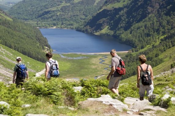 Vier wandelaars, met rugzakken, lopen over een rotsachtig pad naar een rustig meer omgeven door weelderige, groene heuvels in het hart van hun rondreis Ierland. Het meer ligt in een vallei met een lappendeken van bomen en vegetatie, onder een heldere hemel die het levendige daglicht reflecteert voor perfecte vakantie Ierland momenten. | Echt Ierland Vakanties