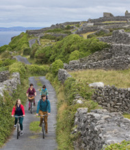 Vier mensen fietsen over een smal pad met stenen muren en weelderig groen, en verkennen de schilderachtige schoonheid van een typisch vakantie Ierland. Het pad slingert door landelijke landschappen, langs ruïnes, met verre uitzichten op de oceaan. Een geit staat rechts terwijl wolken zich in de lucht verzamelen. | Echt Ierland Vakanties