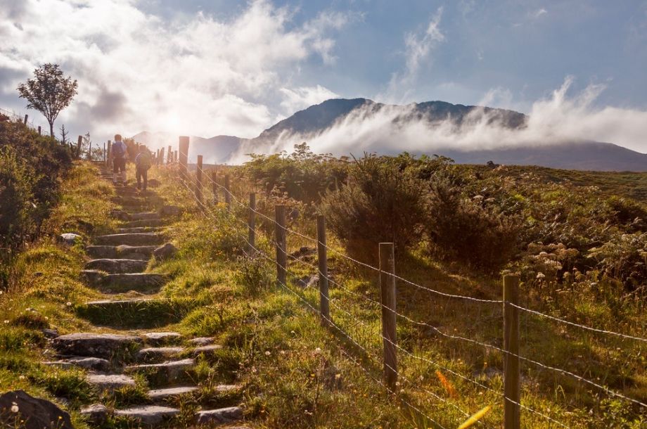 Een schilderachtig pad met stenen treden slingert door een grasachtig landschap, begrensd door een houten hek. Wandelaars zijn in de verte zichtbaar. Zonlicht filtert door de wolken en verlicht het pad. Op deze rundreise Ierland rijst op de achtergrond een berg op, gedeeltelijk omgeven door mist en laaghangende wolken. | Echt Ierland Vakanties