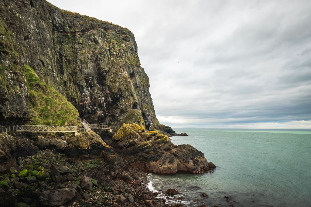 Ervaar het adembenemende uitzicht op de kustklif tijdens uw vakantie in Ierland, met ruige, met mos bedekte rotsen die naar de serene zee leiden. Een schilderachtige houten brug siert de klif. De groenige tint van de oceaan contrasteert met de dikke grijze wolken erboven, terwijl zeevogels fladderen bij de steile rotswand. | Echt Ierland Vakanties