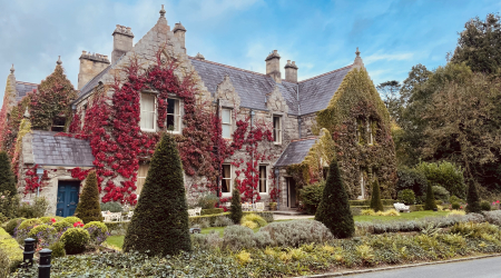 Een historisch stenen huis, dat doet denken aan een rondreis Ierland, is bedekt met levendige rode en groene klimop tegen een helderblauwe lucht. Hoge, verzorgde, groenblijvende struiken en weelderige planten staan aan de voorkant. Een oprijlaan leidt naar de ingang, waar witte banken de tuin sieren en een serene omgeving creëren. | Echt Ierland Vakanties
