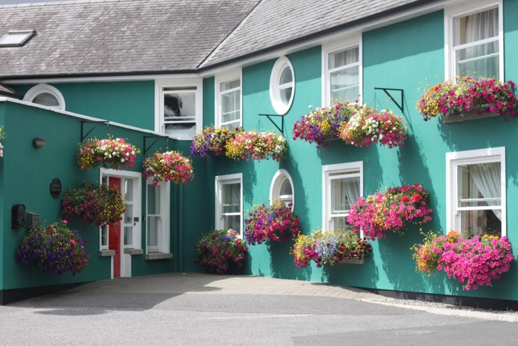 Een levendig turquoise huis met grijze dakbedekking heeft ronde en rechthoekige ramen, elk versierd met hangende manden vol kleurrijke bloemen in roze, paarse, gele en witte tinten. Links van het huis zit een rode deur. | Echt Ierland Vakanties