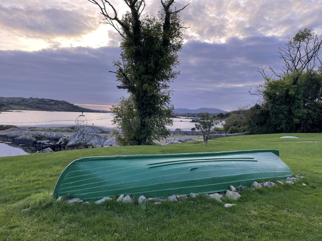 Een groene boot ligt ondersteboven op een grasveld, begrensd door rotsen. Achter staat een hoge boom, die uitkijkt over een kustlandschap met kalm water en verre landvormen. De lucht is bewolkt met wolken, wat een serene, sfeervolle sfeer creëert. | Echt Ierland Vakanties