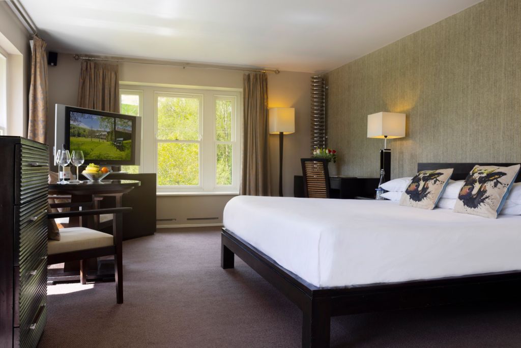 Een moderne hotelkamer met een groot bed, wit beddengoed en twee decoratieve kussens. Er is een bureau met een stoel, een tv met een landschap, twee tafellampen, een vaas met bloemen en grote ramen met beige gordijnen die natuurlijk licht binnenlaten. | Echt Ierland Vakanties