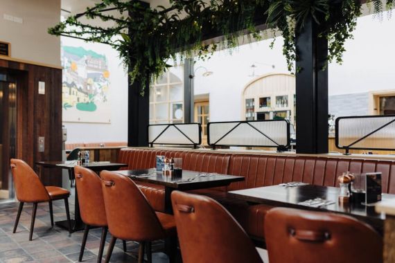 Een modern restaurantinterieur met bruine leren stoelen en banken, donkere houten tafels met specerijen en hangend groen erboven. Grote ramen zorgen voor natuurlijk licht; een muurschildering en een bar zijn zichtbaar op de achtergrond. De ruimte voelt uitnodigend en luchtig aan. | Echt Ierland Vakanties
