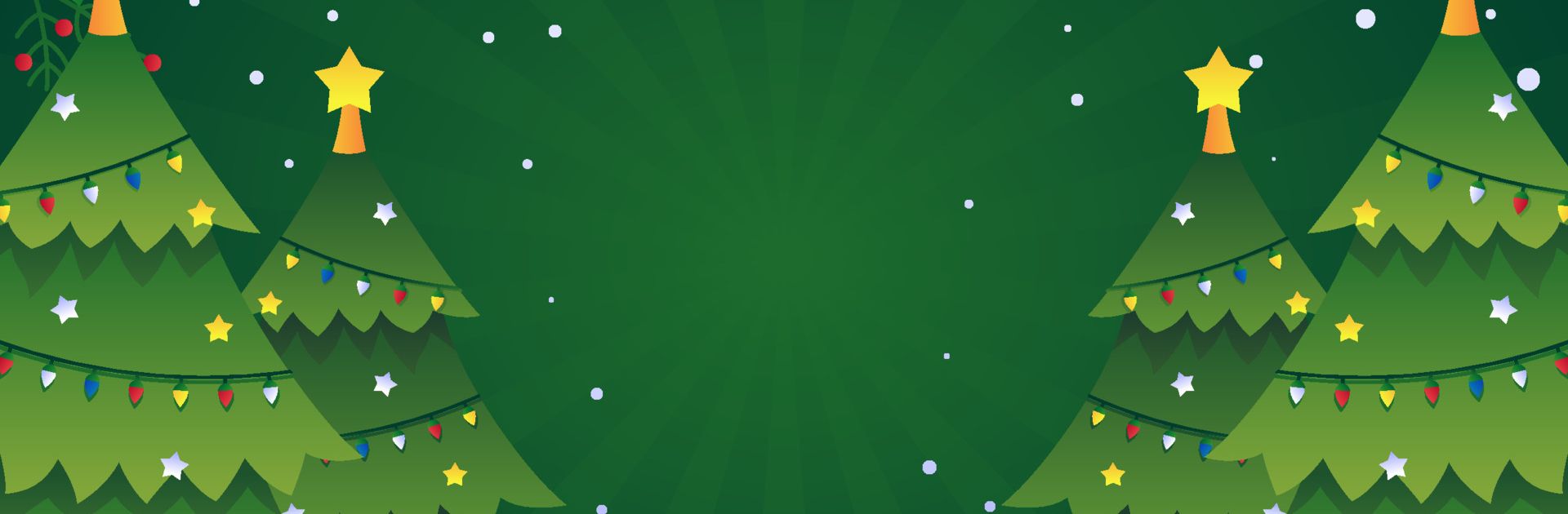 Kerstbomen in cartoonstijl met sterrentoppers en kleurrijke lichtjes omranden een groene achtergrond. Bovenaan hangen feestelijke slingers, hulst en gloeiende lichtjes. Sneeuwvlokken zijn overal verspreid en het midden is leeg voor tekst of berichten. | Echt Ierland Vakanties