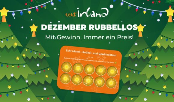 Feestelijke afbeelding met versierde kerstbomen, lichtjes en sterren. Tekst luidt: "Echte Irland DEZEMBER RUBBELLOS. Mit-Gewinn. Immer ein Preis!" Hieronder staat een kraslot - perfect als een bijzonder jubileumgeschenk!. | Echt Ierland Vakanties