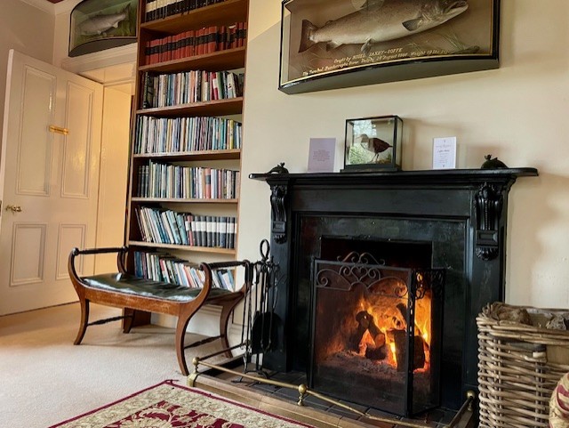 Een gezellige kamer met een verlichte open haard in een zwarte schouw, boekenplanken gevuld met boeken, een houten bank en een rieten mand. Boven de schoorsteenmantel hangen twee vissen en een ingelijste vogelfoto. Het vuur verspreidt een warme, oranje gloed door de kamer. | Echt Ierland Vakanties
