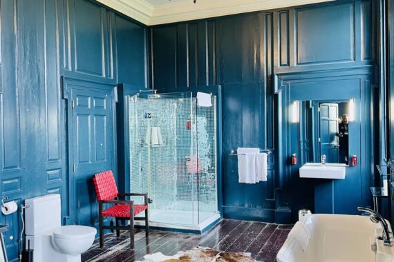 Een ruime badkamer met blauwe lambrisering, een kroonluchter, een glazen douchecabine, een wit toilet, een vrijstaand bad en een kleine wandwastafel. Op de donkere houten vloer staan een rode stoel met kussens en een groot bruin koeienhuidkleed. | Echt Ierland Vakanties
